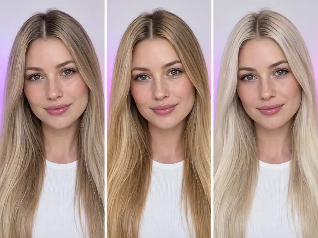 Same face shown with ash blonde, honey blonde and platinum after an AI hair color change