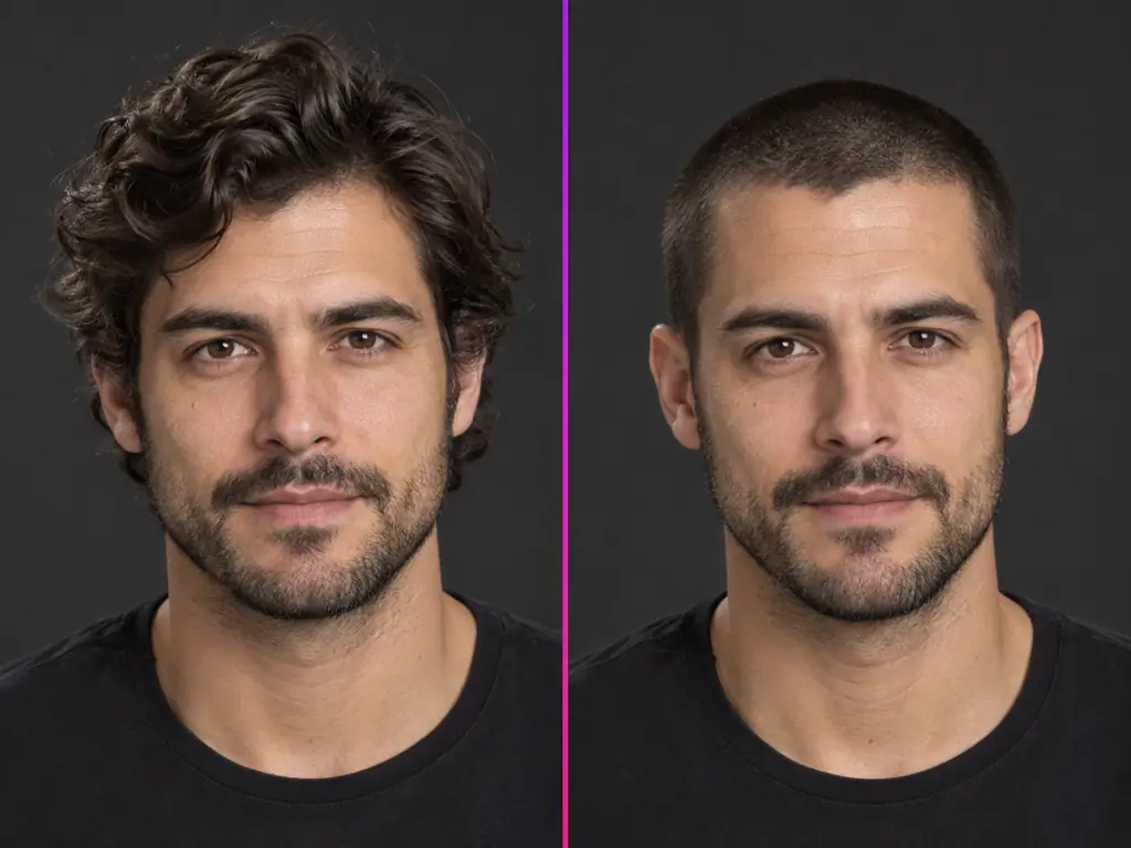 Buzz cut AI hairstyle preview on the same face at different clipper lengths