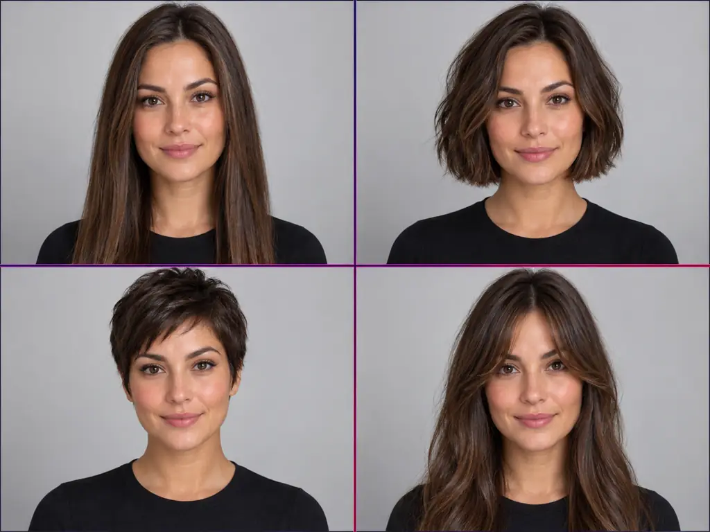 AI change hairstyle before and after: same face, new haircut, hairline unchanged