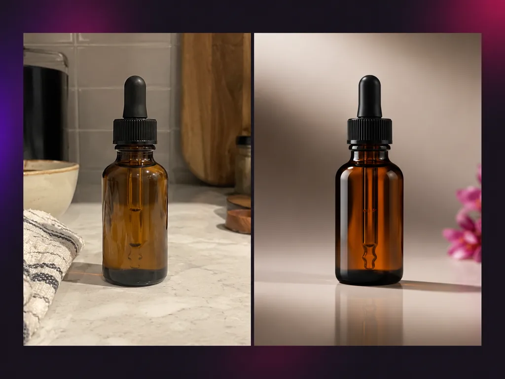 AI product photography before and after: a phone product photo next to a studio product shot
