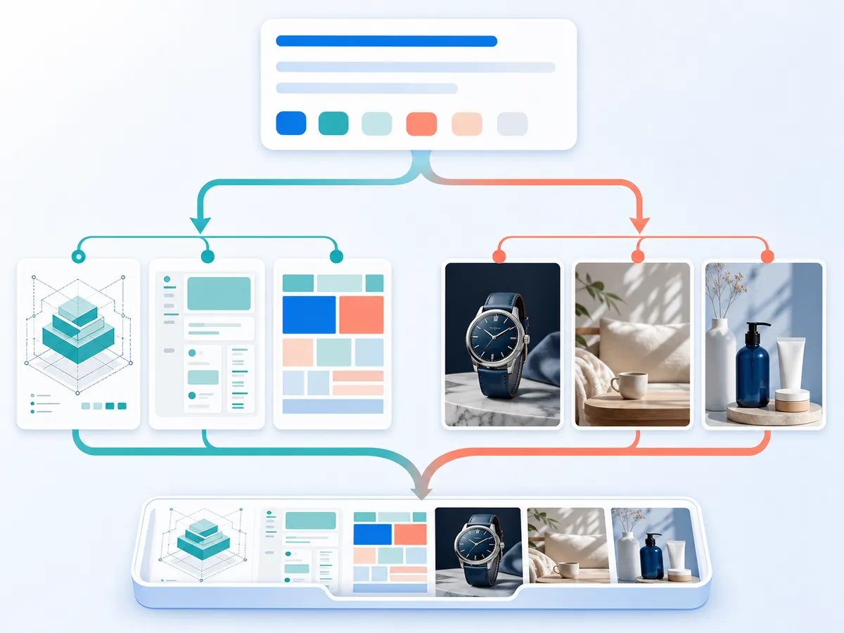 One AI prompt branching to structured design outputs and polished photographic outputs