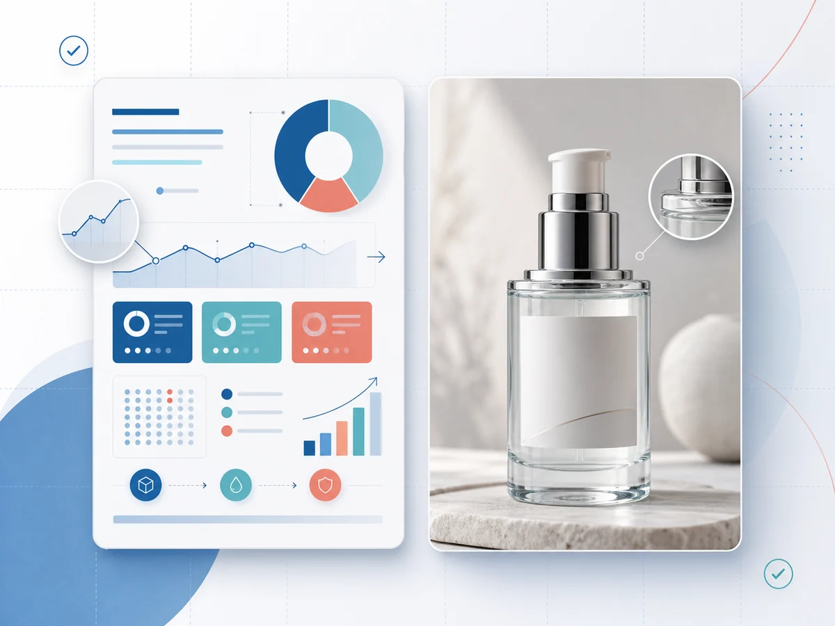 Structured infographic panel beside a photorealistic skincare product image