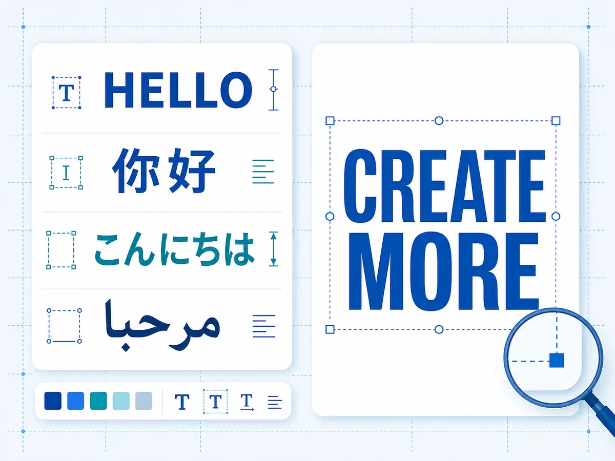 Multilingual text poster and English campaign layout in an AI typography editor