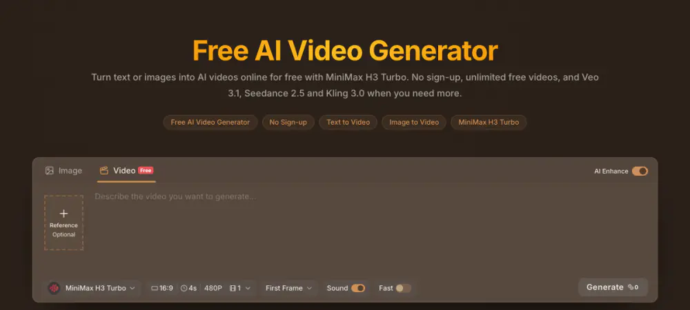 Raphael AI free video generator with MiniMax H3 Turbo selected at 16:9, 4 seconds and 480P, with a Generate button at 0 credits