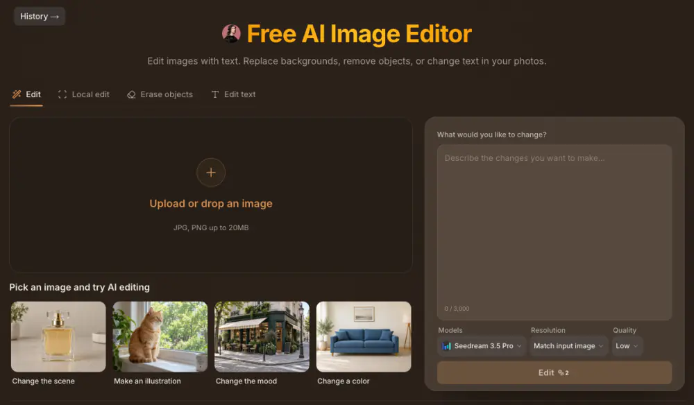 Raphael AI photo editor with Edit, Local edit, Erase objects and Edit text tabs, an upload area for JPG or PNG up to 20MB, and an Edit button costing 2 credits on the Seedream 3.5 Pro model