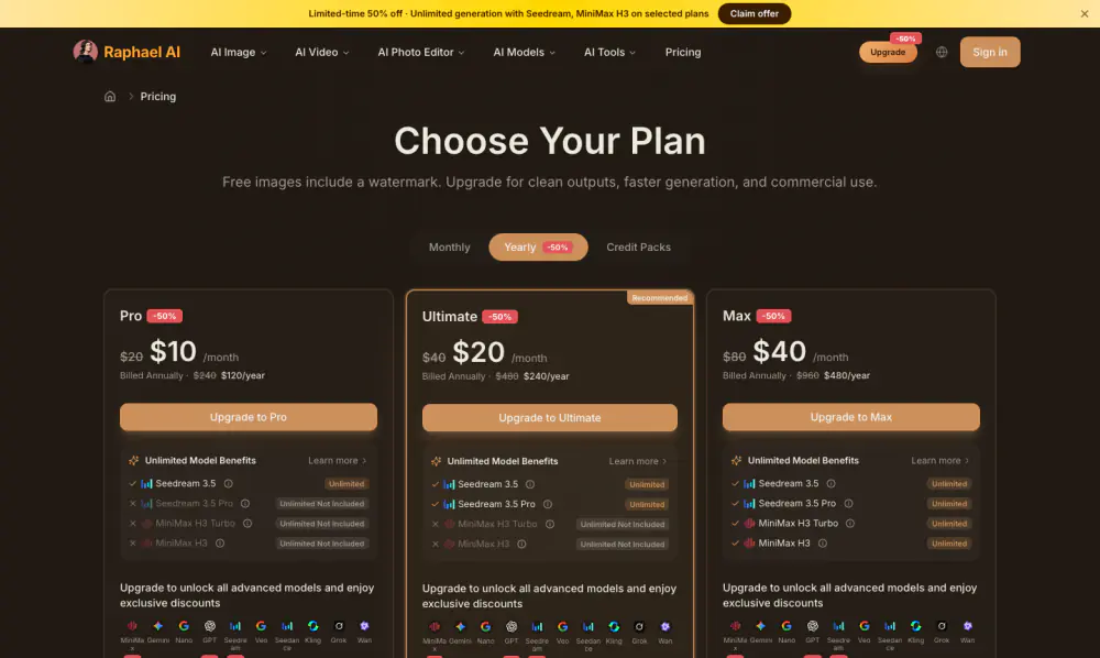 Raphael AI pricing page showing the line Free images include a watermark, a Yearly tab at 50% off, and Pro, Ultimate and Max plans with their Unlimited Model Benefits