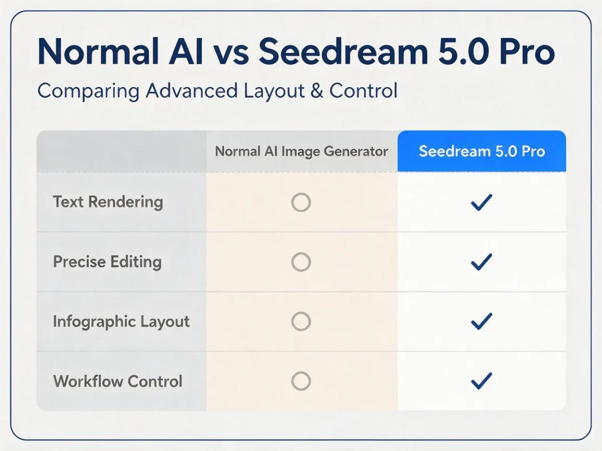 Comparison table of normal AI image generator and Seedream 5.0 Pro
