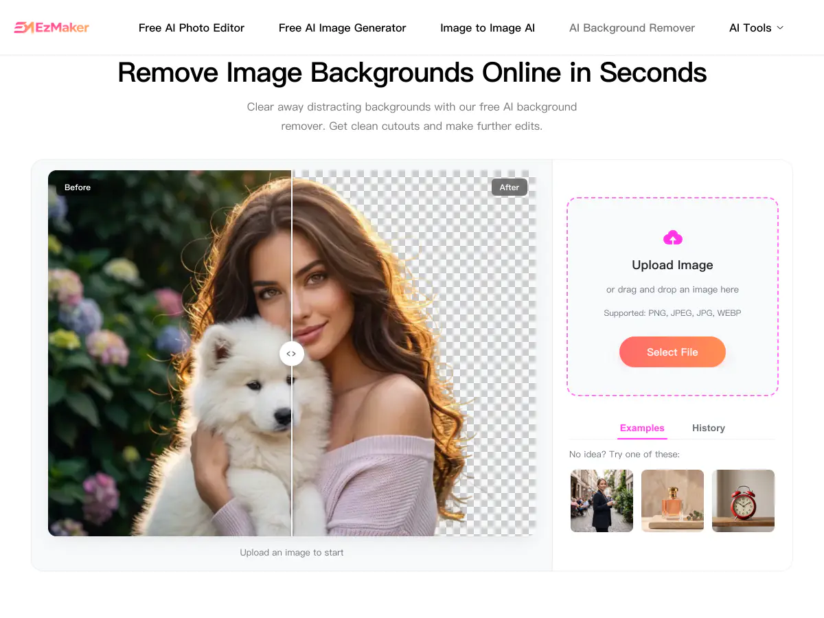 EzMaker AI background remover showing a woman holding a white dog before and after the background is removed