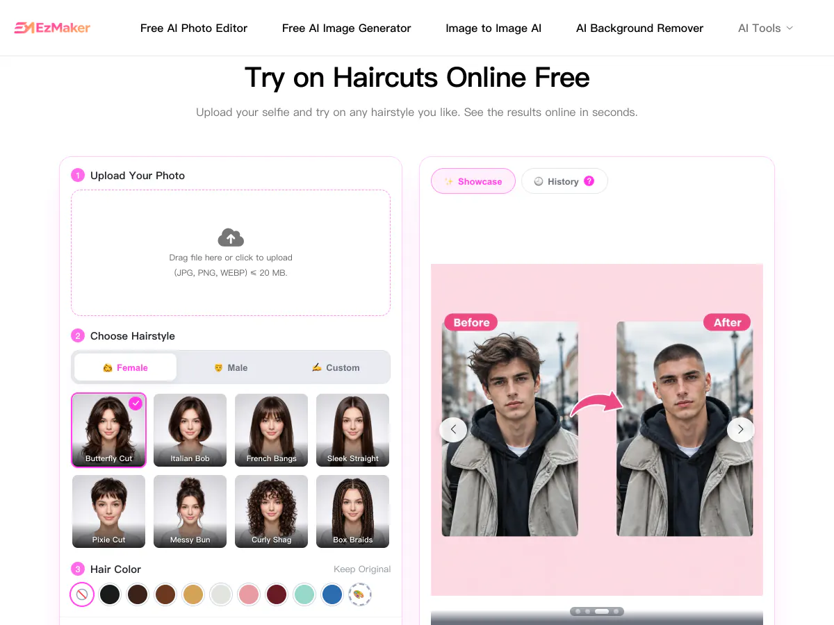 EzMaker AI hairstyle changer with hairstyle templates, hair colors and a before-and-after preview