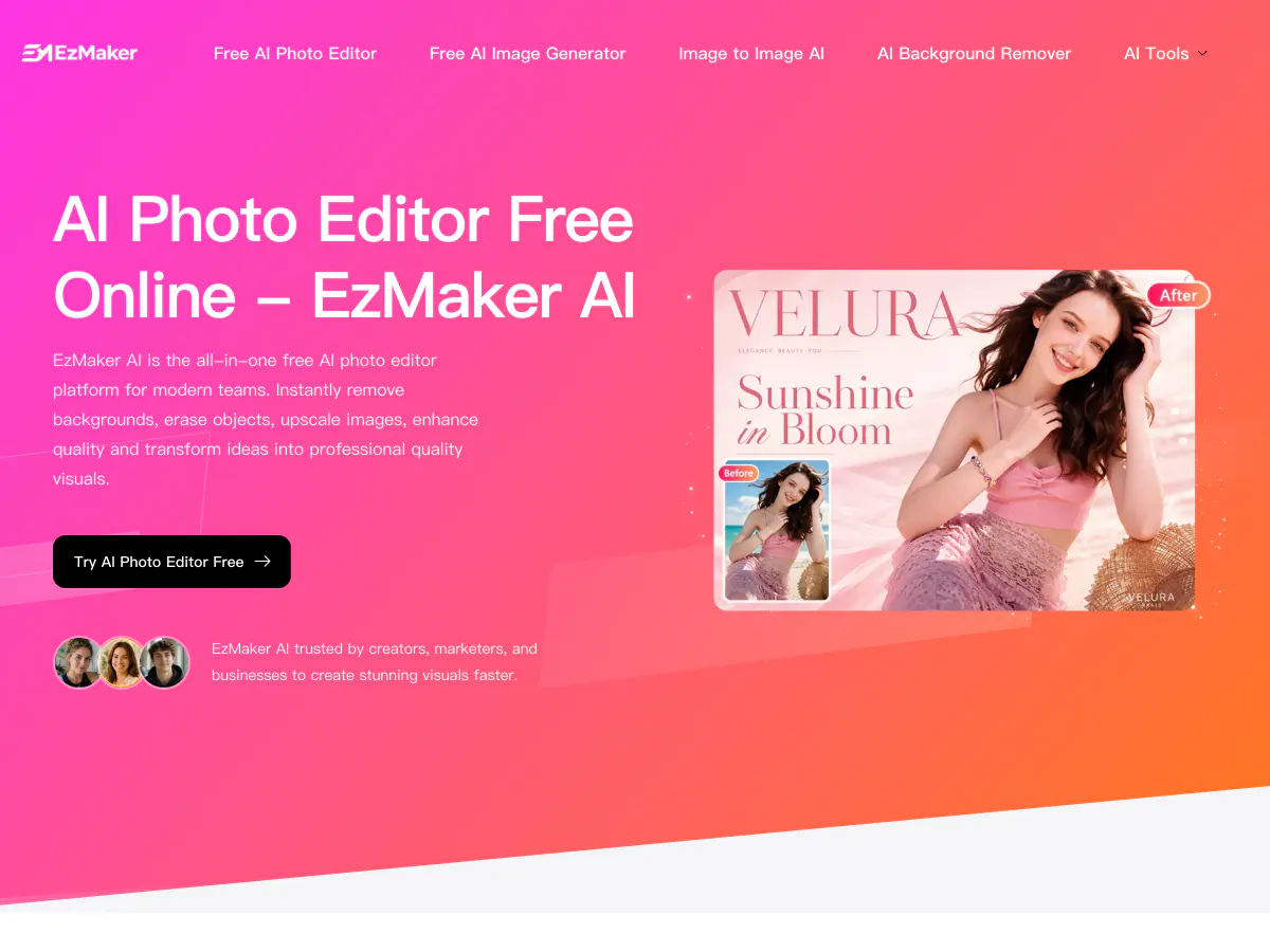 EzMaker AI homepage hero with the AI Photo Editor Free Online headline and a before-and-after poster edit