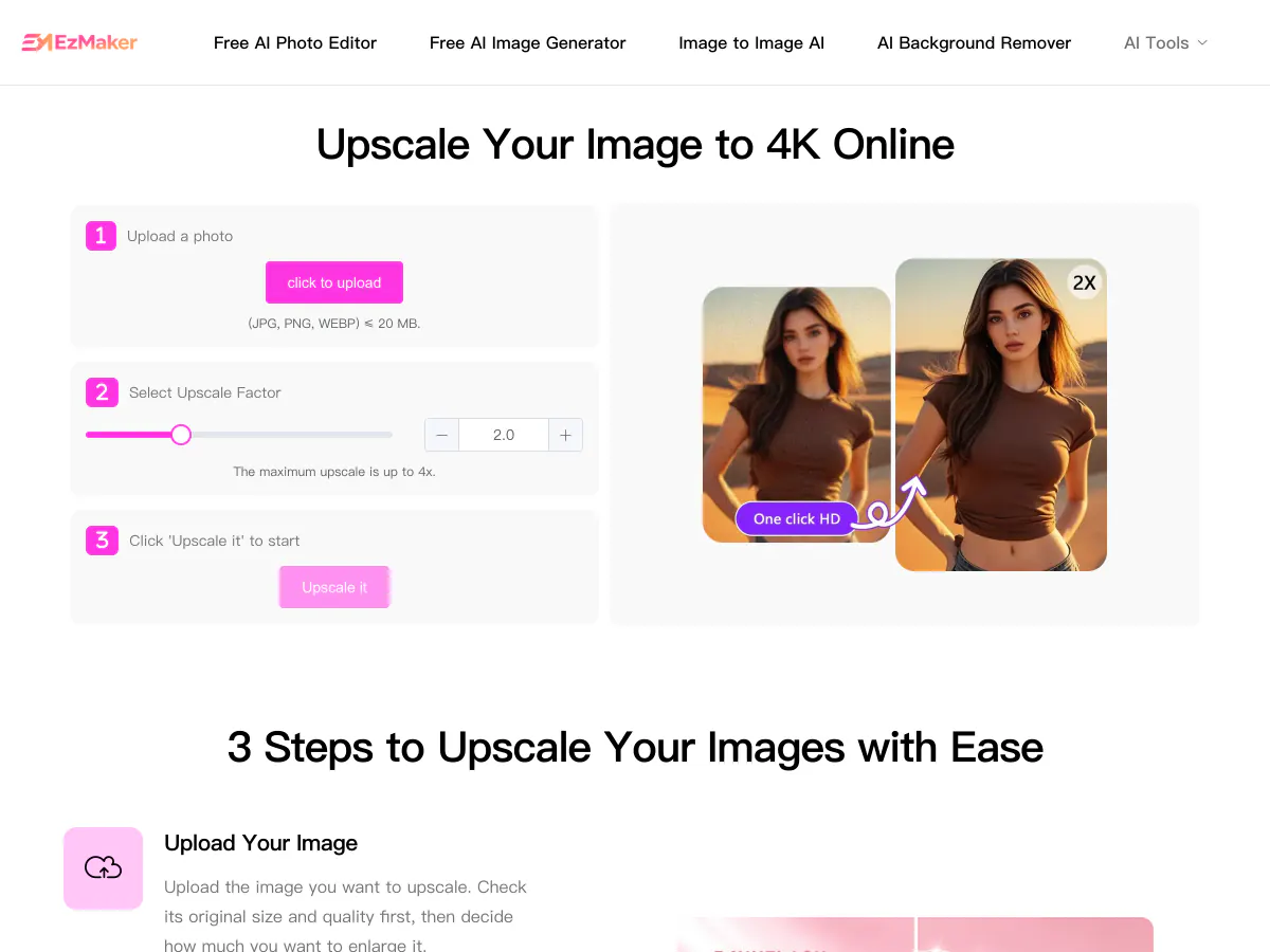 EzMaker AI image upscaler with an upscale factor slider and a 2x before-and-after preview