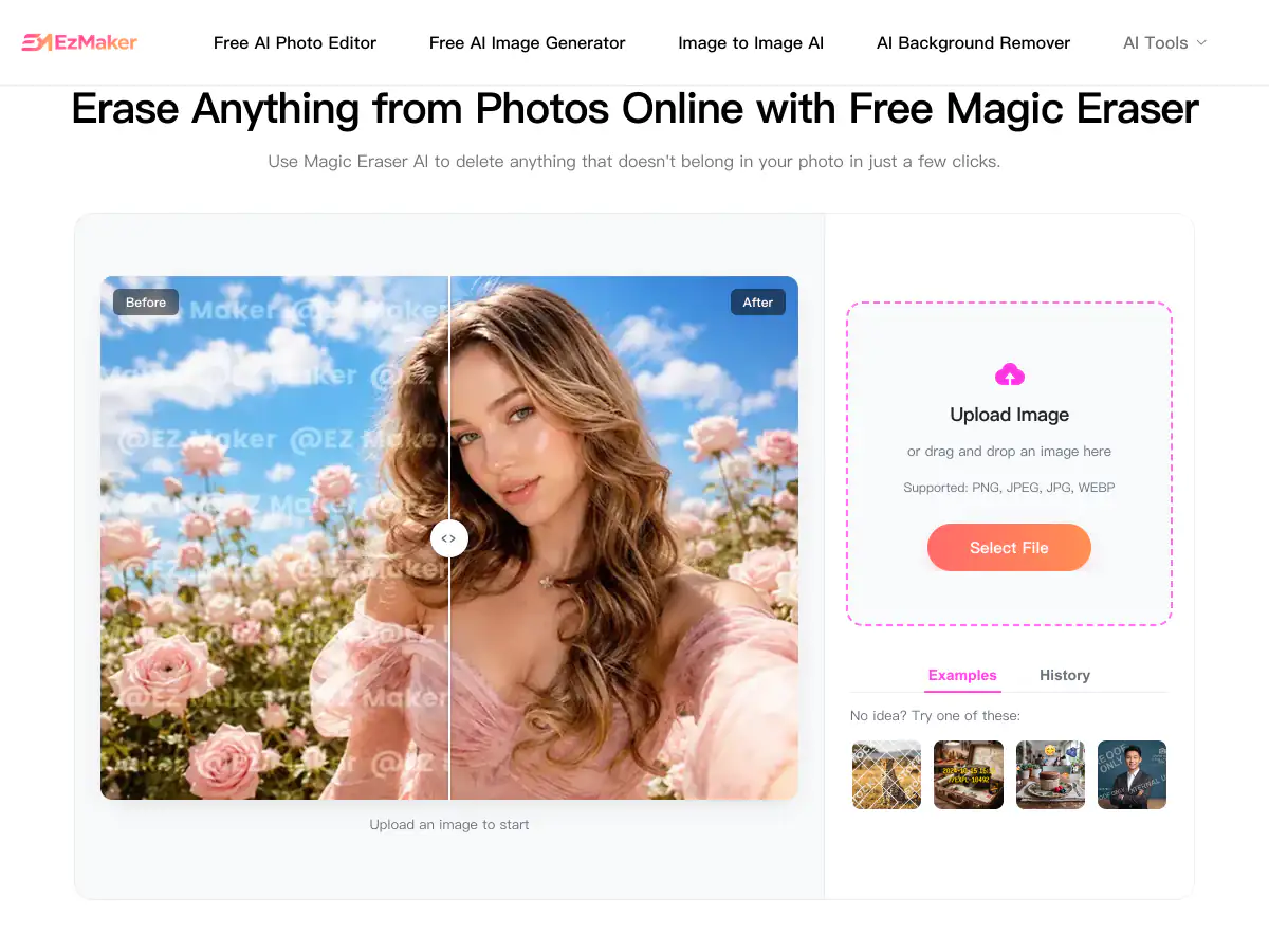 EzMaker AI magic eraser removing a repeated text watermark from a portrait, shown before and after