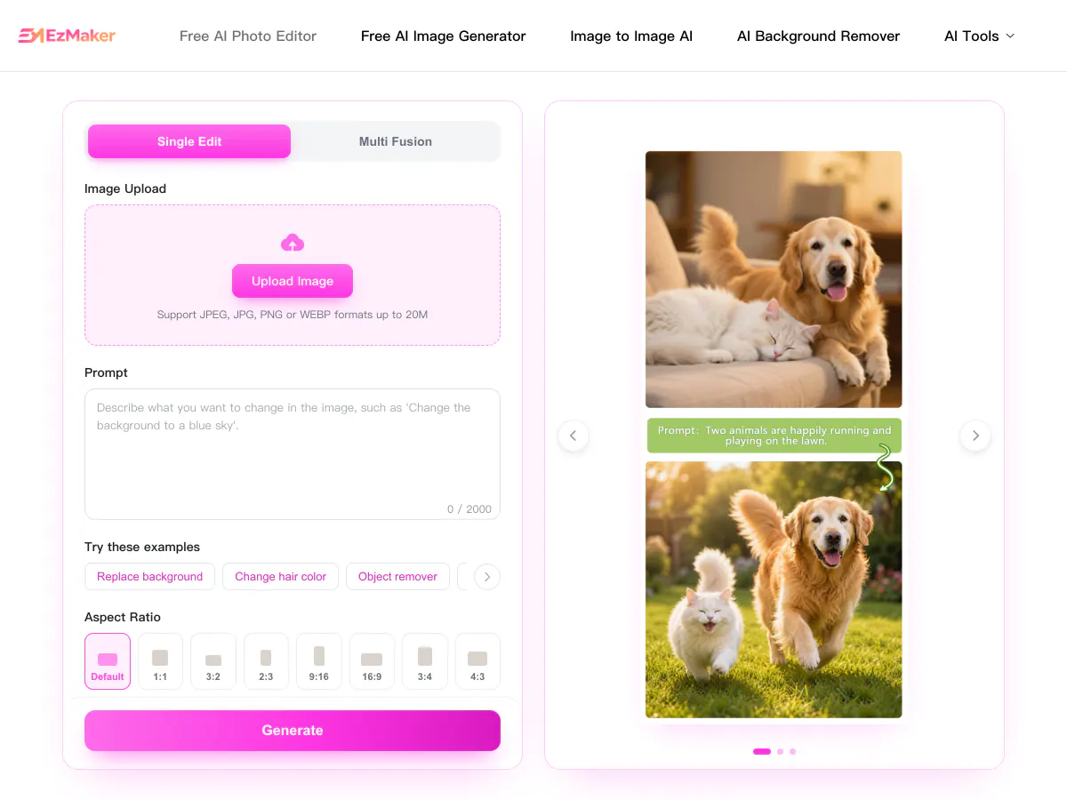 EzMaker AI photo editor with Single Edit and Multi Fusion modes, a prompt box and aspect ratio options