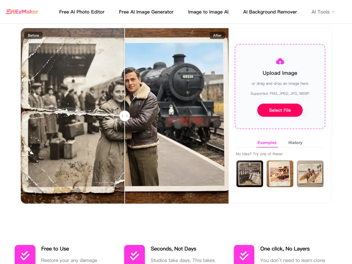 EzMaker AI photo restoration repairing a torn black-and-white photo, shown before and after