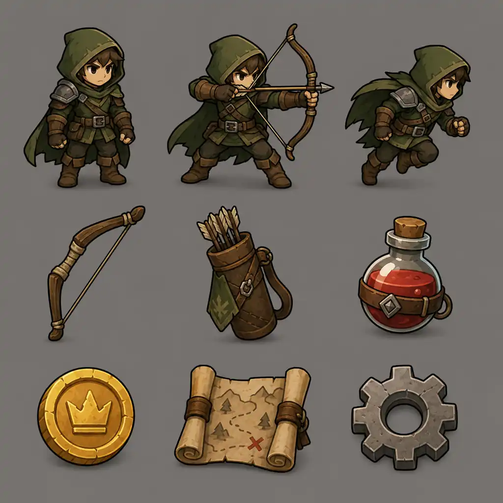 Game sprites and icons in one style