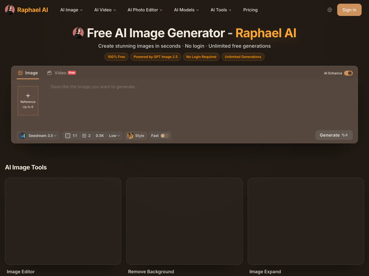 Raphael AI homepage with the image generator prompt box and model controls