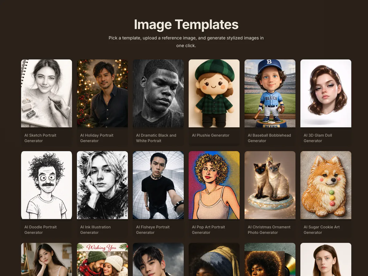 Raphael AI Image Templates page with portrait, illustration and character templates