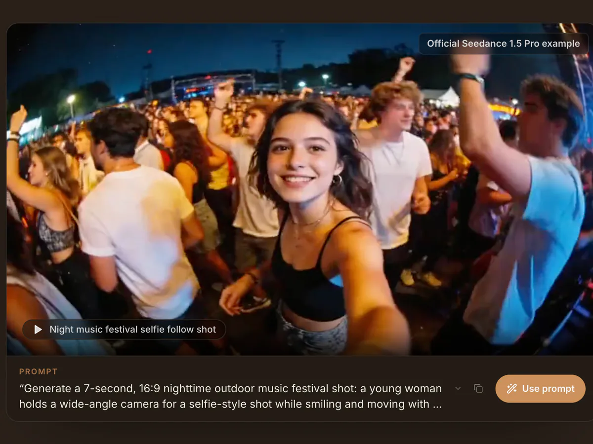 Raphael AI video example showing a music festival scene and its generation prompt