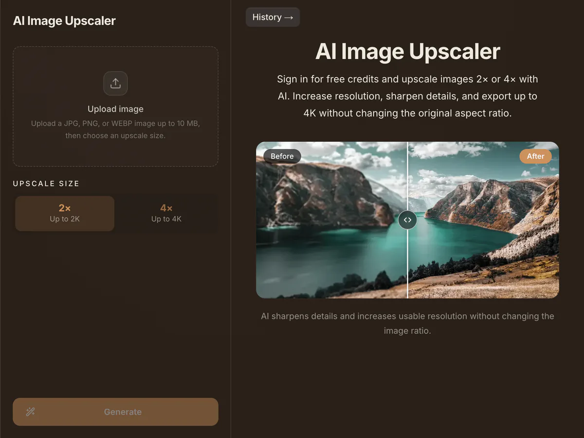Raphael AI image upscaler interface with 2x and 4x settings and a before-and-after comparison