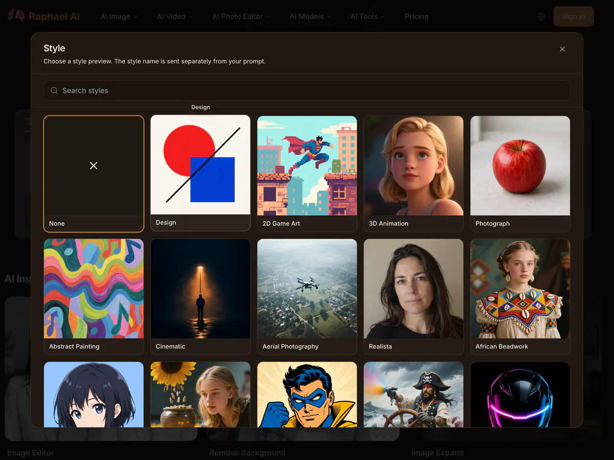 Raphael AI style selection dialog with photo, animation and illustration presets