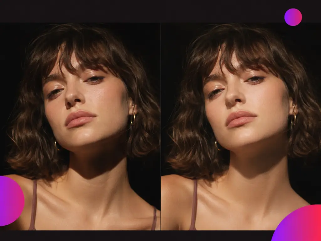 Portrait before and after removing a harsh shadow under the chin with AI