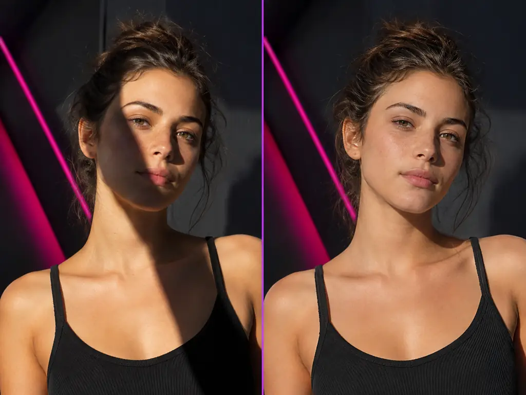 AI shadow remover before and after - photo with a harsh shadow next to the corrected version