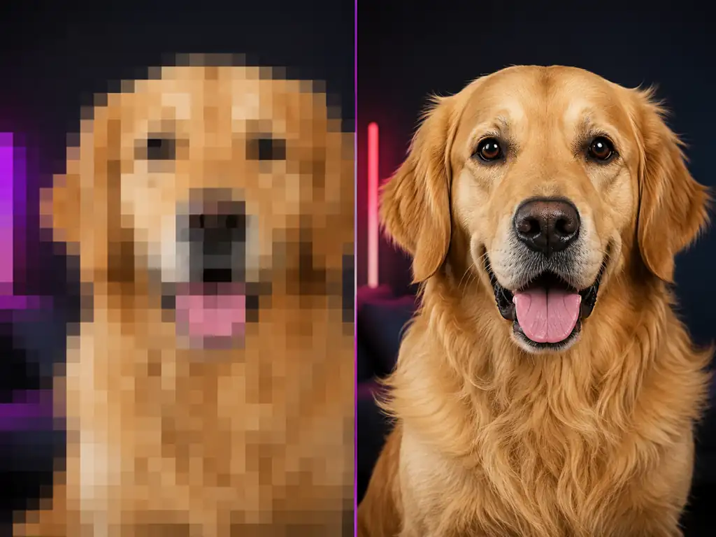 Depixelate image comparison with a blocky photo on the left and the unpixelate image result on the right